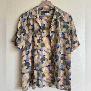 Vtg Stunt Blouse Sz L Unique Pastel Contemporary Print EUC